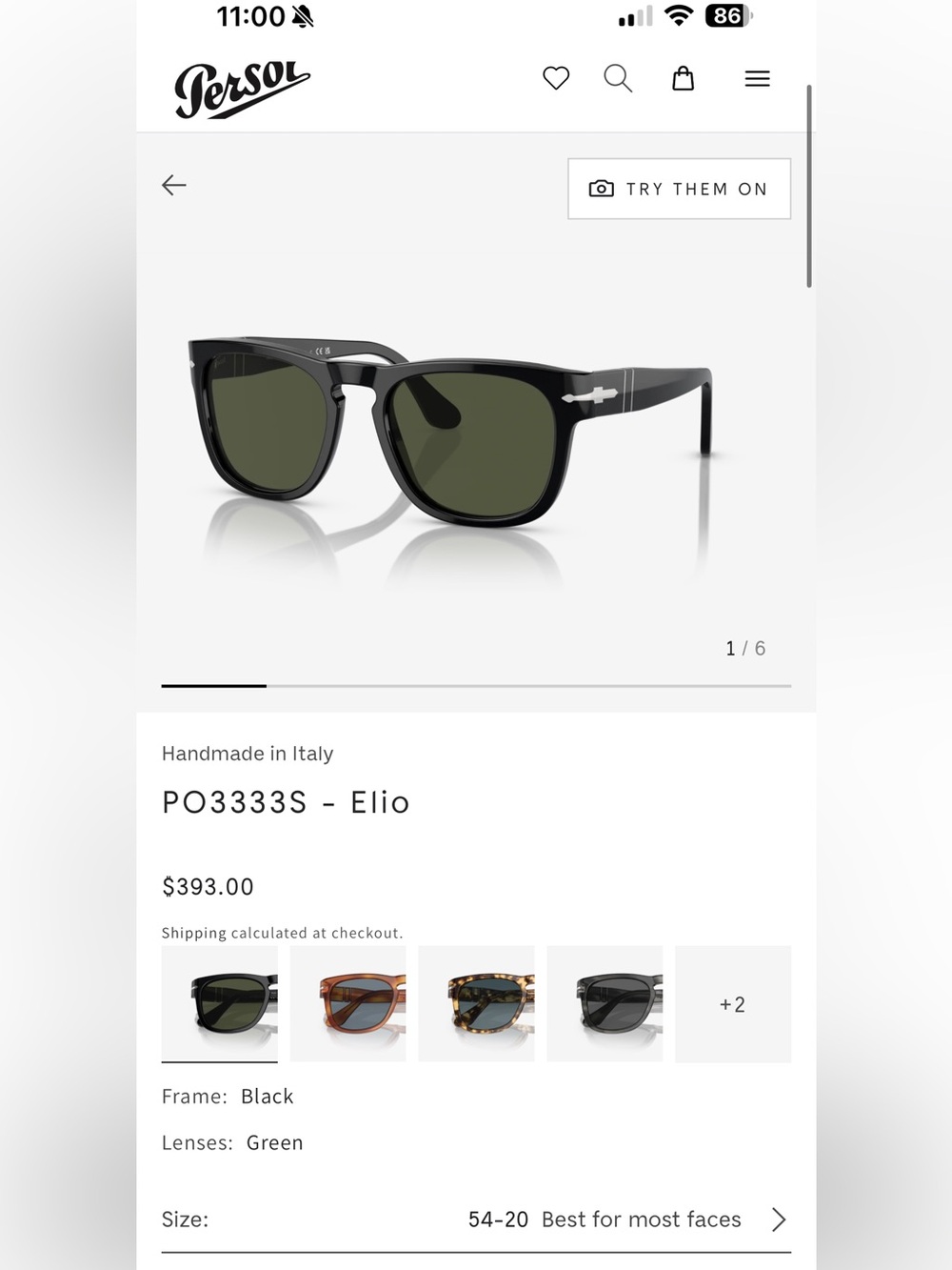 Persol PO3333S Elio Sunglasses - Black Frame, Green Lenses